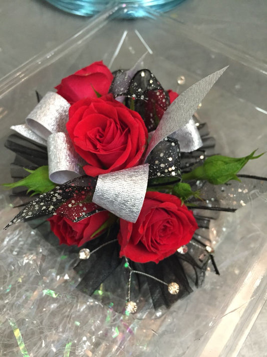 RED SH ROSE CORSAGE WITH BABY BREATH