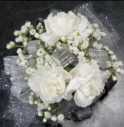 MINI CARNTION CORSAGE WITH BABY BREATH (CHOOSE YOUR COLORS)