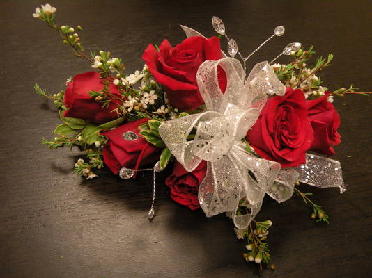 RED SWEETHEART ROSE CORSAGE WITH CRYSTAL SPRAYS