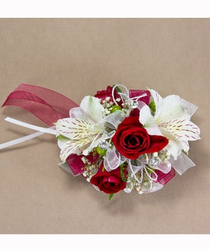 WHITE ALSTROMERIA RED ROSES MIXED CORSAGE